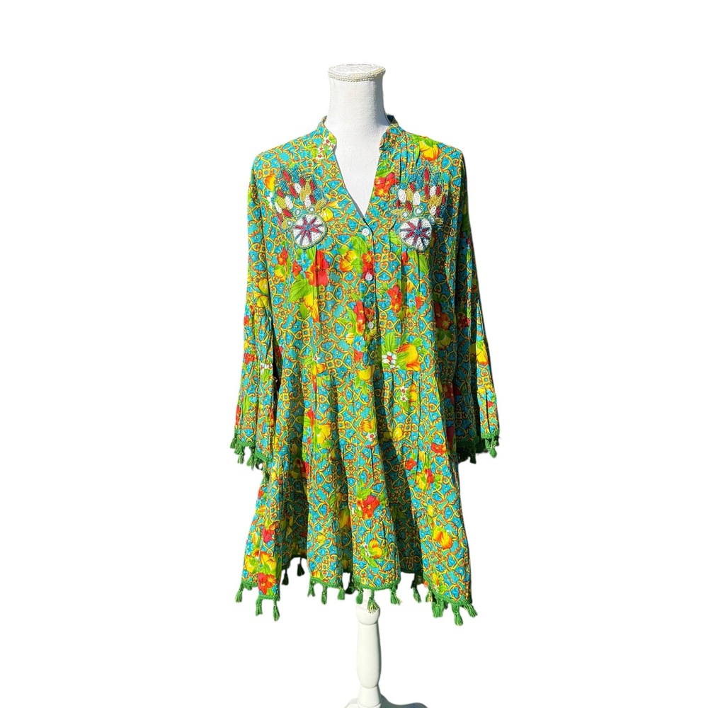 Colori di Mare Italian Floral Beaded Tassel‎ Tunic Dress Turquoise One Size NWT